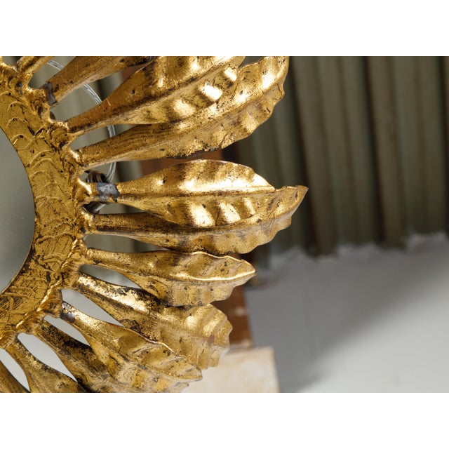 Metal Mid 20th Century Spanish Gilt Metal Crown Chandelier with Leaves and Frosted Glass For Sale - Image 7 of 8