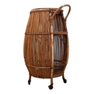 Vintage Italian Rattan Barrel Bar Cart, 1960s For Sale