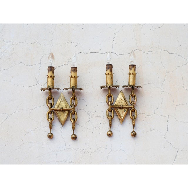 1950s Spanish Mid-Century Gold Leaf Iron 2-Light Sconces - A Pair For Sale - Image 6 of 6