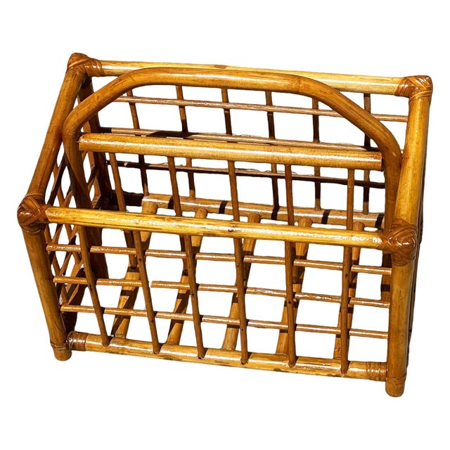 Restored Mid 20th Century Geometric Reed Rattan Pattern Rattan Magazine Rack For Sale - Image 9 of 9
