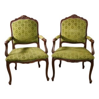Pair of Louis XV French Provincial Kelly Green Velvet Arm Chairs For Sale