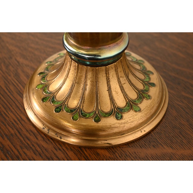 Metal Louis Comfort Tiffany Furnaces Favrile Iridescent Art Glass Trumpet Vase on Bronze Doré Enameled Stand, 1920s For Sale - Image 7 of 11