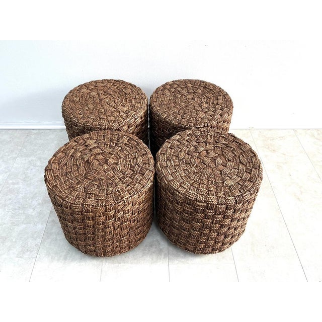 Rattan and Woven Cane Coffee Table and Stools in the style of Audoux Minet, France, 1950s, Set of 5 For Sale - Image 6 of 9