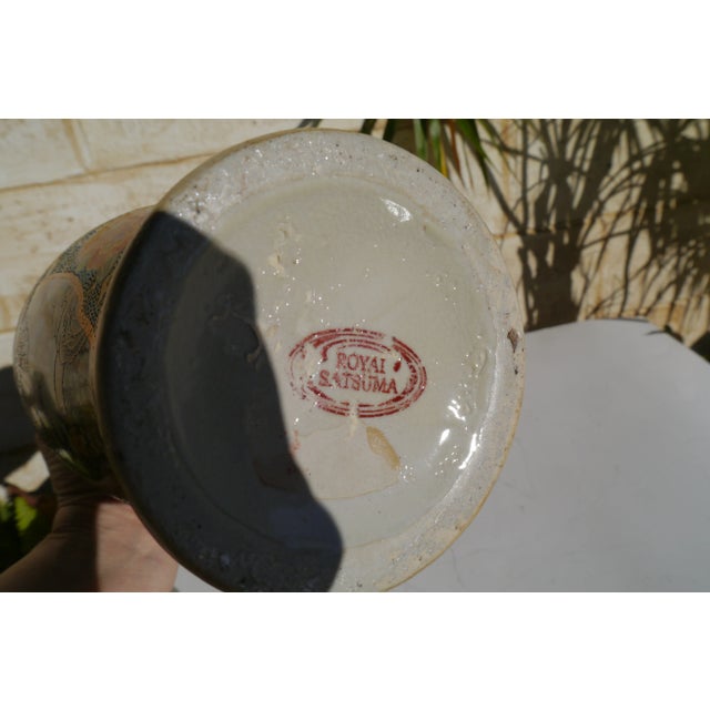 Vintage Royal Satsuma Vase Mountain Scene & Florals Moriage Gold Tone Green For Sale - Image 9 of 12