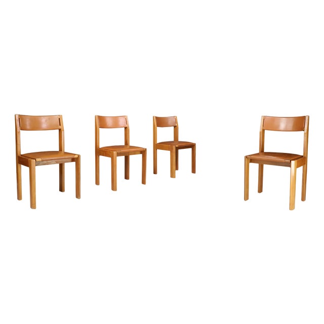 Dining Chairs in Elm and Leather by Luigi Gorgoni for Roche Bobois, 1970s, Set of 4 For Sale