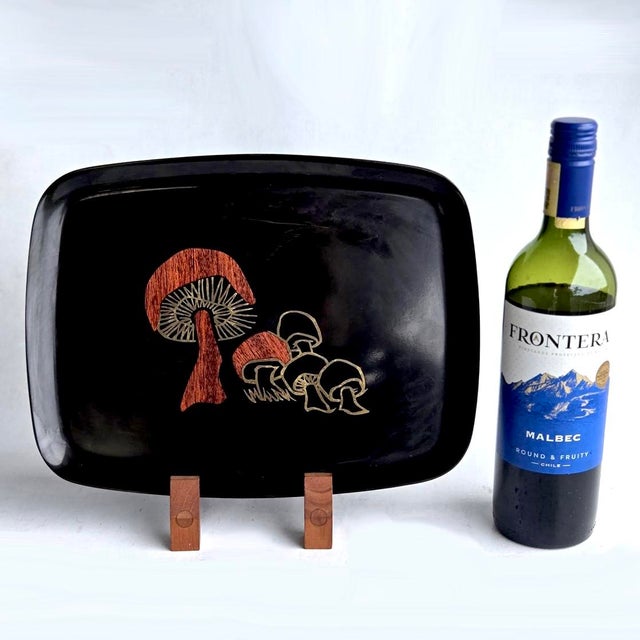 Black Mid 20th Century Couroc of Monterey Tray With Brass and Wood Inlay Mushrooms For Sale - Image 8 of 11