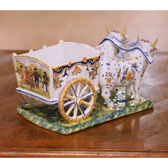 Early 20th Century Early 20th Century French Quimper Faience Ox Cart Planter or Vide Poche For Sale - Image 5 of 13
