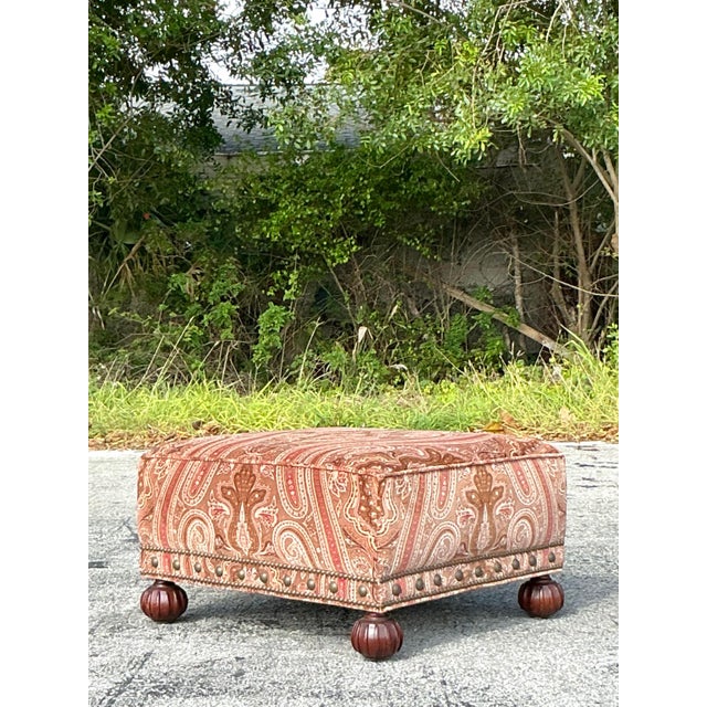 Vintage Regency Ralph Lauren Paisley Velvet Nailhead Ottoman For Sale - Image 9 of 10