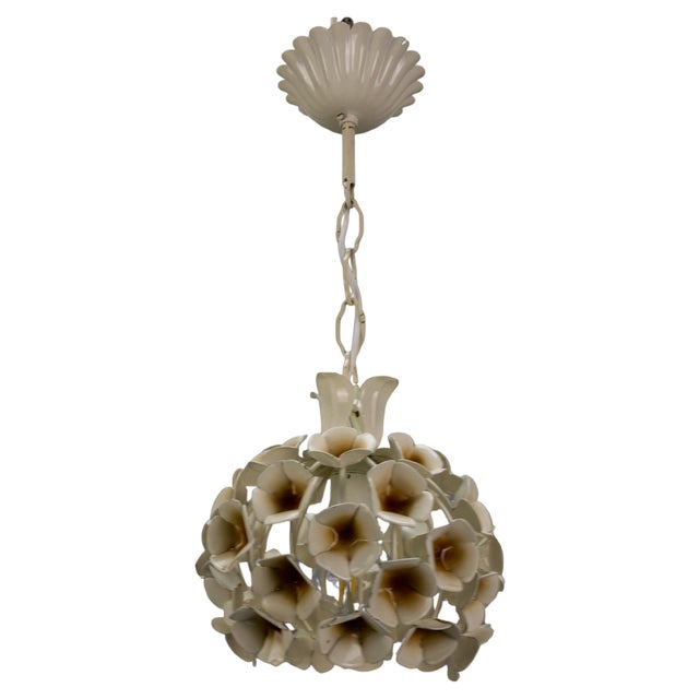 Hollywood Regency French White Flower Metal Pendant Light, 1960s For Sale