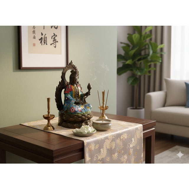 1980s Vintage Cloisonne Enamel Lotus Bodhisattva Metal Buddha Statue For Sale - Image 5 of 11