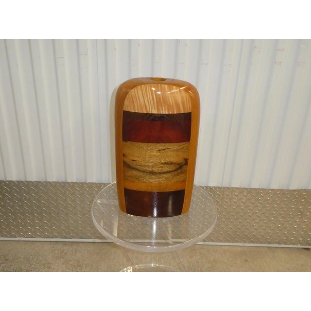 Large Paul LaMontagne Studio Inlaid Exotic Turned Wood Vase sold as found previously owned in very good original condition...