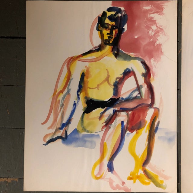 1970s Gallery Wall Collection 5 Vintage 1970’s Original Male Study Watercolor Paintings- Set of 5 For Sale - Image 5 of 10