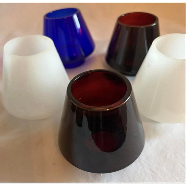 1930 Antique 5 Piece Brass Candlestick Holders With Colorful Glass Shades & Cast Iron Bases. For Sale - Image 4 of 9