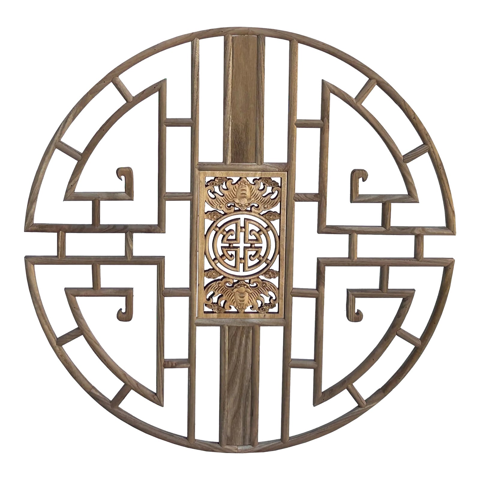 Oriental Raw Wood Round Bats Flower Geometric Pattern Wall Panel | Chairish