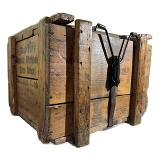 Rare Antique German Wood Wine Crate W Lid, 19th Century, Industrial Metal Straps For Sale
