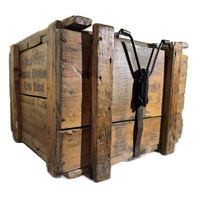 Rare Antique German Wood Wine Crate W Lid, 19th Century, Industrial Metal Straps For Sale