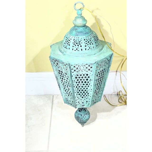 Antique Moroccan Verdigris Copper Lantern – Hand-Pierced Openwork For Sale - Image 11 of 16