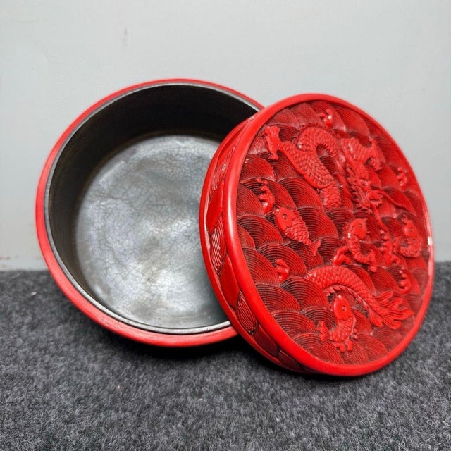 1970s Carved Cinnabar Lacquer Round Box, Dragon and Carp Among Waves, Lidded Scholar's Seal Paste Box For Sale - Image 4 of 9