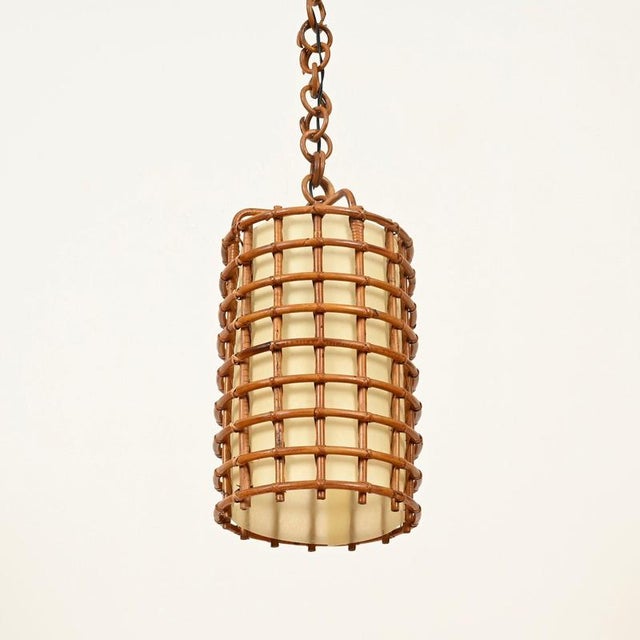 1960s Vintage Pendant Light in Parchment with Rattan and Wicker by Louis Sognot, France, 1960s For Sale - Image 5 of 14