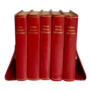 1958 Mark Cross Red Leather Multilingual Translation Dictionaries With Matching Book Holder For Sale