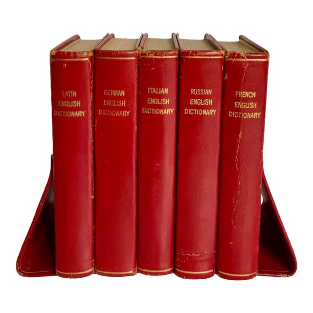 1958 Mark Cross Red Leather Multilingual Translation Dictionaries With Matching Book Holder For Sale