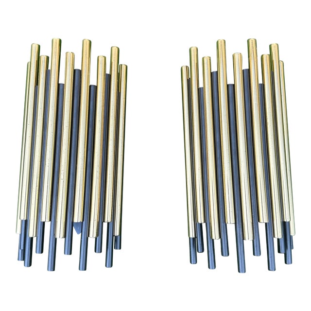 1970s Black and Gold Metal Connected Tube Style Wall Sconces - a Pair For Sale