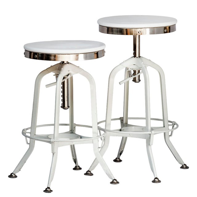 Pr. Of Vintage Restoration Hardward Adjustable White Bar Stools For Sale - Image 10 of 13