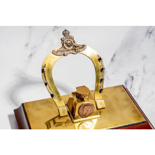 English Rare World War I Royal Horse Artillery Rha Antique Custom Desk Military Inkwell Inkstand Horseshoe Pen Stand Militaria Collectible For Sale - Image 3 of 15