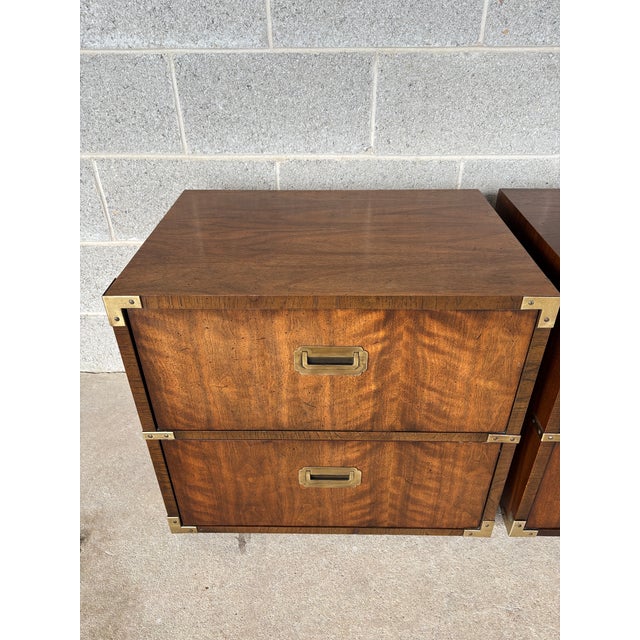 Description: Lane Furniture Campaign Style 2 Drawer Walnut Nightstands - A Pair. Normal Age Wear, such as mild finish wear...