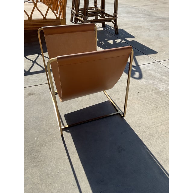 Contemporary Saddle Leather & Brass Magazine Rack / Firewood Holder For Sale - Image 4 of 8