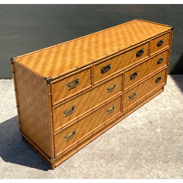 Wood Vintage Dixie Parquet Rattan Six-Drawer Dresser For Sale - Image 7 of 12