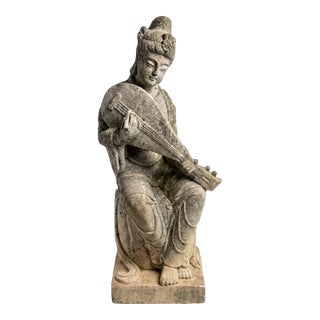 1950s Mid-Century Italian Hand-Carved Marble Statue of a Celestial Musician For Sale