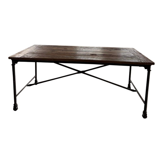 Vintage Cast Iron and European 72” Reclaimed Wood Table by Restoration Hardware For Sale