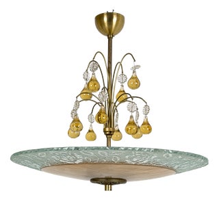 Swedish Modern Floral Glass Ceiling Plafond with Patinated Brass, Sweden, 1940s For Sale