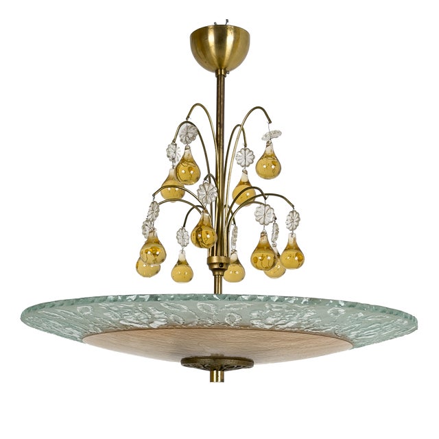 Swedish Modern Floral Glass Ceiling Plafond with Patinated Brass, Sweden, 1940s For Sale