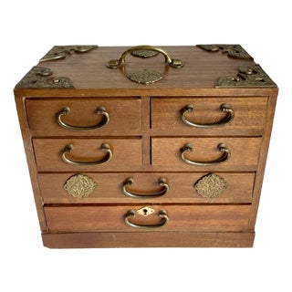 Vintage Japanese Tansu Wood & Brass Six-Drawer Jewelry Chest For Sale