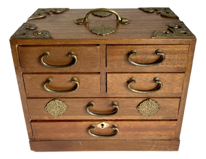 Vintage Japanese Tansu Wood & Brass Six-Drawer Jewelry Chest