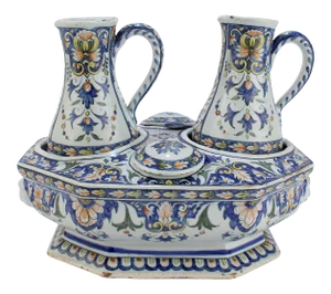 Antique Porquier Beau French Faience Pottery Cruet Set with Base, Ewers & Lids - 3 Pieces