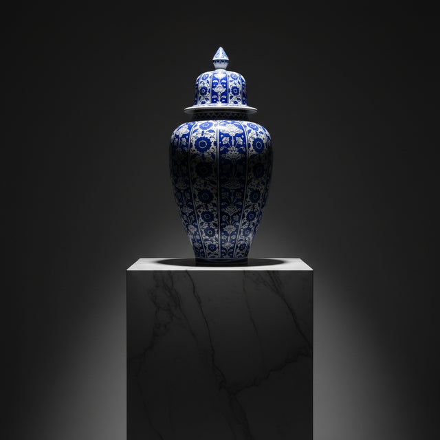 Ceramic Handmade Ceramic Grand Shah Jar (60cm) Baba Nakkas Style Rumi & Hatayi Blue White Floor Vase For Sale - Image 7 of 7