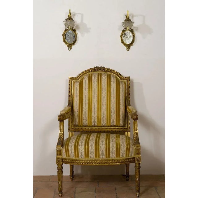 Louis XVI Style Wall Lights in Brass with Mirror & Opal Glass Lampshades, 1920s, Set of 2 For Sale - Image 9 of 10