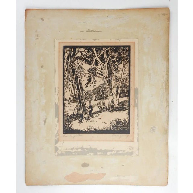 Vintage Harry Anthony DeYoung Tree Neighbors Woodcut Print For Sale - Image 4 of 4