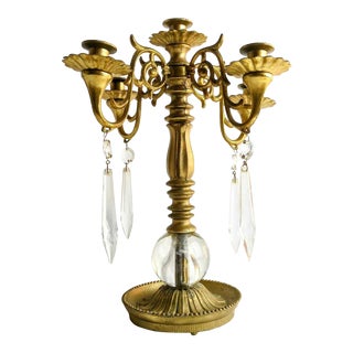 1960s Brass Finish Candelabra With Prisms For Sale