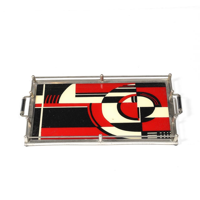 Documented Art Deco Spiral Cubist Eglomise White, Cream & Black Detailed Tray For Sale - Image 4 of 10