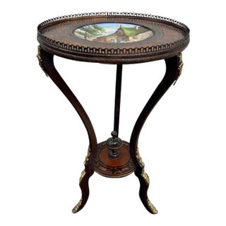 19th Century Napoleon III Ormolu Mounted Marquetry Walnut and Scenic Porcelain Inset Top Guéridon Table. For Sale