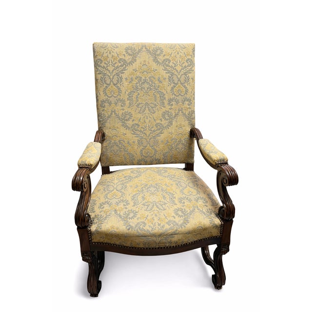 Antique French High-Back Armchair with Damask Upholstery For Sale - Image 9 of 9