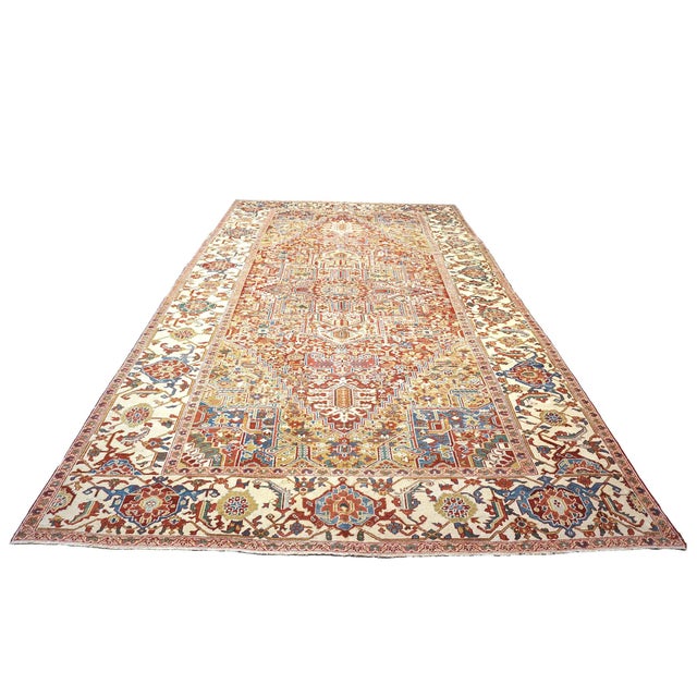 Antique Persian Heriz Wool 11X19 Rust, Ivory & Blue Handmade Area Rug #1140939 For Sale In Houston - Image 6 of 17