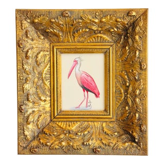 Original Hand-Painted Stork Bird Painting in a Vintage Gilt Frame For Sale