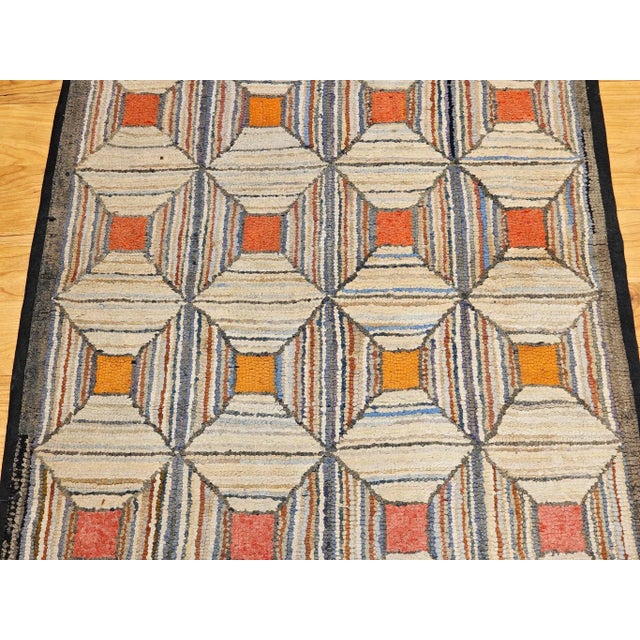 Early 20th Century Vintage American Hand Hooked Rug, Wool on Cotton, Allover Geometric Pattern, 28” X 55” For Sale - Image 5 of 10
