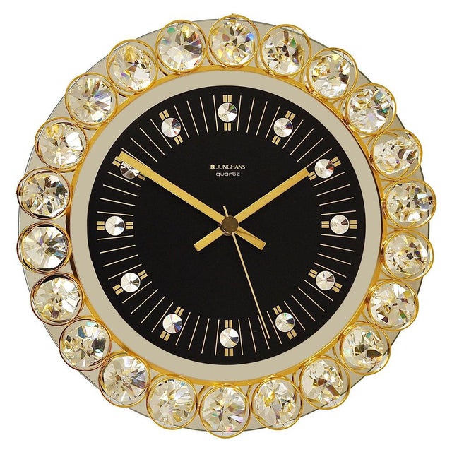 German Hollywood Regency Golden Wall Clock in Gilt with Crystals by Junghans, 1970s For Sale - Image 15 of 15