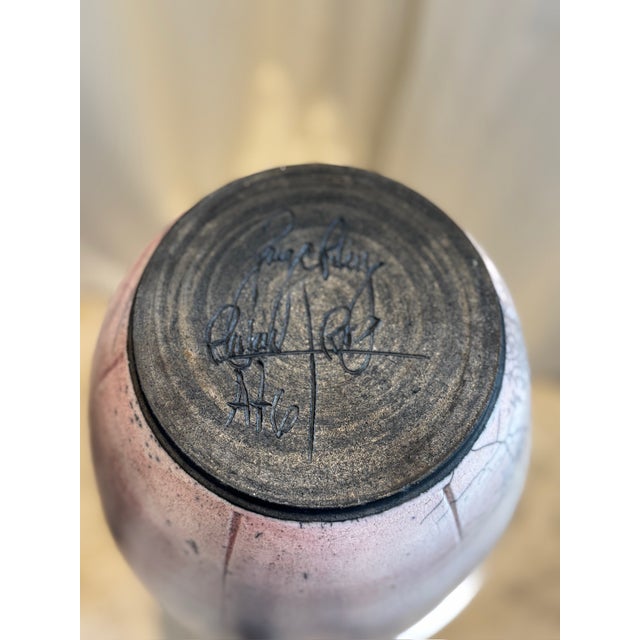 Large Late 20th Century Handcrafted Raku Pottery Vase With Crackle Glaze and Artist Signature For Sale In Los Angeles - Image 6 of 6